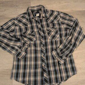 Wrangler Retro Western Shirt Men Size Large Blue Gray Plaid Snap Button